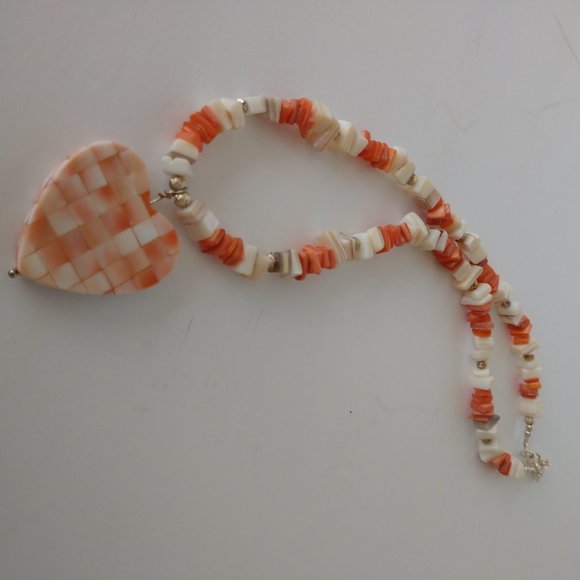 Handmade Valentines Heart Necklace with Peach Coral White Shell Beads 19 Inch - Picture 11 of 16